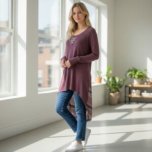 We The Free Muted Purple Striped Knit Distressed Long Sleeves Slouchy Top Boho
